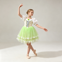 Robe de tutu de ballet en nylon vert pour filles, manches courtes bouffantes blanches, costume de princesse, dentelle florale pour enfants, performance de danse sur scène