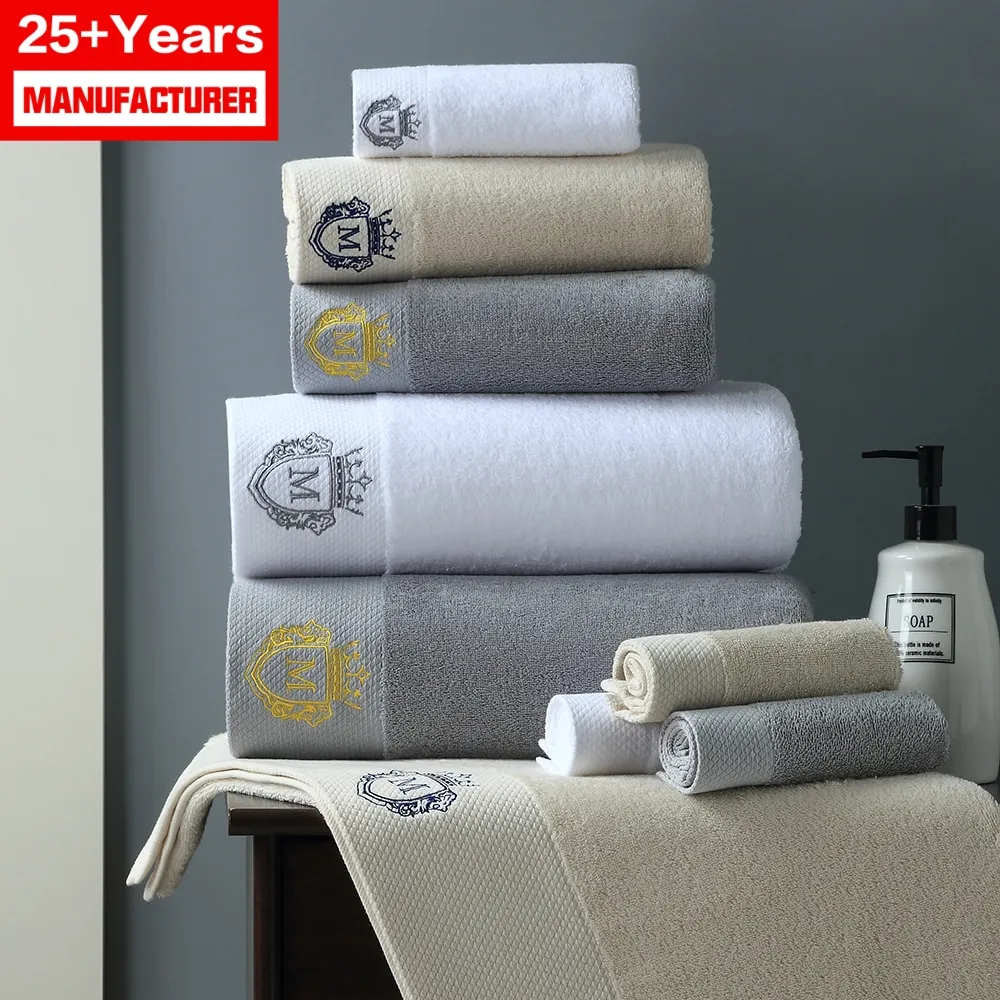 Hot Sale Bathroom White Face Towel Custom Embroidered Logo Hotel Cotton Gray Bath Towel Sets
