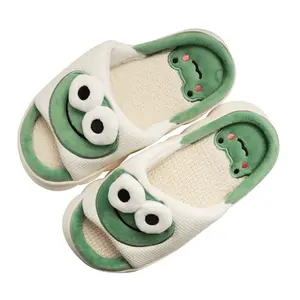 HF Cute 4 Season Thick Soled Linen Cotton Green Frog Cow Slippers For Lady Women