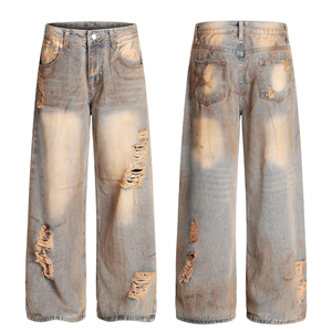 Nouveau Jean Droit en Denim pour Homme ZY, Style Rétro Hip Hop, Logo Personnalisé, Coton Tissé, Délavé Moyen, Design Usé et <span class=keywords><strong>Troué</strong></span> - Product Image 4