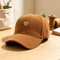 Op maat gemaakte corduroy baseballcap met mini-hart borduursel, zachte dad hat, OEM ODM aangepaste logo voor dagelijks casual gebruik in herfst en winter.