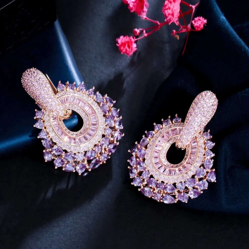 New Trendy Luxury Purple Pink Cubic Zirconia Pave Dangle Earrings for Women Statement Wedding Party Jewelry Accessory