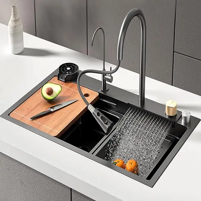 Popular waterfall sink  multifunctional kitchen sink  304 stainless steel large single slot  nano seamless handmade sink