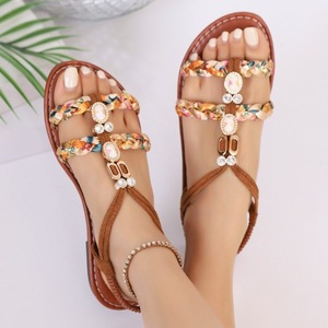 Women Bohemian Flat <b>Sandals</b> Braided Fabric Strap Rhinestone Decor <b>Elastic</b> Ankle Strap Summer Beach Ladies <b>Sandals</b> Wholesale - Product Image 3