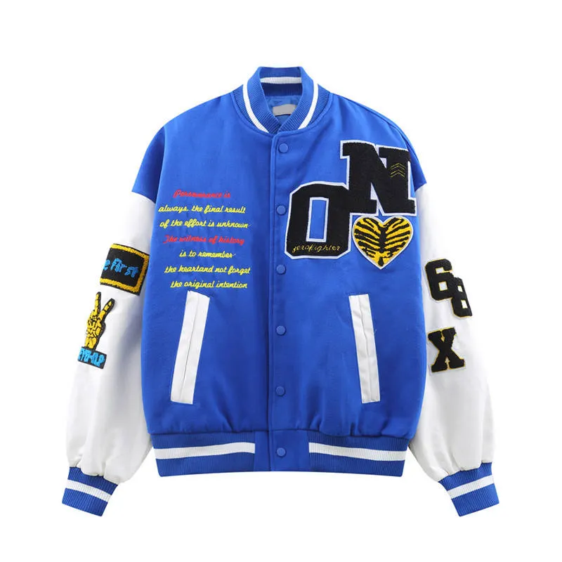 Custom Hip Hop Style High Quality Chenille Blue Color Embroidered Patch Unisex Bomber Varsities Jacket