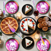 Ensemble d'ustensiles de service en acier inoxydable à motif crâne pour fêtes d'anniversaire et mariages : assiette, fourchette à dessert, couteau à gâteau et spatule