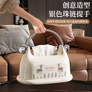 Creative Handbag Style Tissue Box With Silver Chain Handle Milky White Deer Pattern Multipurpose Living Room Desktop Storage - Product Image 1