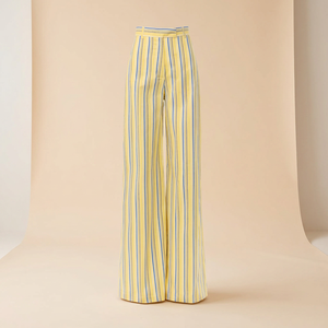 Viraak Exports Yellow Striped High Waist Wide Leg Pants Breathable Woven 100% Cotton Casual Full Length <b>Summer</b> Women's <b>Trousers</b> - Product Image 4