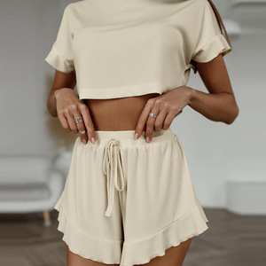 OEM Women Knit <b>Pajama</b> Shorts Set Sleeveless Regular Fit Summer Loungewear Homewear 100% Polyester Quick Dry V-neck Embroidery - Product Image 4