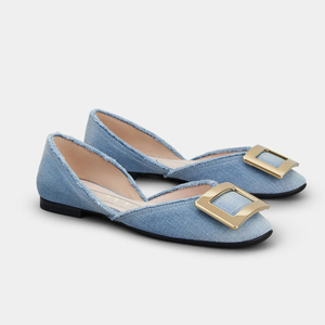 Luxury Famous Brand <b>Denim</b> Upper With Buckle Design Square Toe Shape Casual Dress Slip on Flat Woman Shoes - Product Image 1