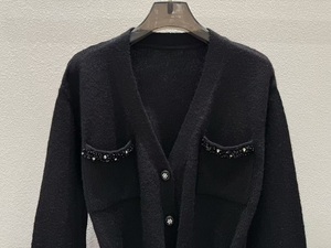 High Quality New <strong>Black</strong> Long <strong>Cardigans</strong> 2025 Autumn Winter Clothes <strong>Lady</strong> V-Neck Beading <strong>Pocket</strong> Patchwork Wool Knitted <strong>Cardigan</strong> Wear - Product Image 3