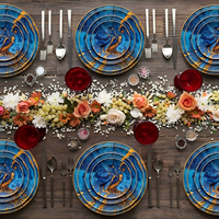 Assiette de présentation ronde en céramique motif marbre bleu avec feuille d'or pour mariage, fête, décoration de table et de maison