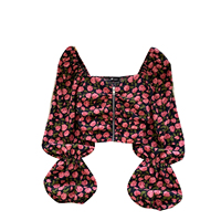 Chemisiers courts pour femmes à imprimé floral, col carré, manches longues bouffantes, froncés à l'avant, avec fermeture éclair, pour l'automne