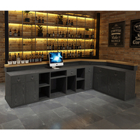 Comptoir de bar industriel commercial personnalisé avec éclairage LED, dessus en bois et pierre, en forme de L, pour hôtel, restaurant, café, boîte de nuit