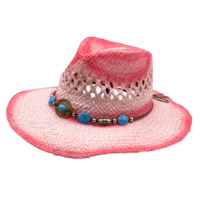 Chapeau de cowboy en paille rose style bohème, dégradé, avec bande de perles turquoise ajourées, pour l'été, enterrement de vie de jeune fille, chapeaux personnalisés pour femmes, vente en gros