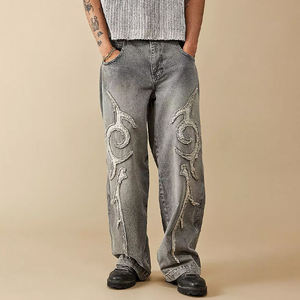 Jeans personnalisés avec logo brodé, patchwork, gris délavé, coupe droite ample, style hip-hop streetwear, pour hommes - Product Image 1