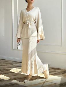 Conjunto de Dos Piezas de Suéter Elegante para Mujer de Otoño/Invierno, Cárdigan de Punto con Cuello en V y Mangas Anchas, <span class=keywords><strong>Falda</strong></span> Larga Ajustada a <span class=keywords><strong>Media</strong></span> Pierna - Product Image 4