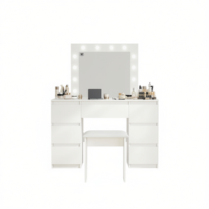 Coiffeuse blanche élégante avec miroir et éclairage pour chambre à coucher - Product Image 1