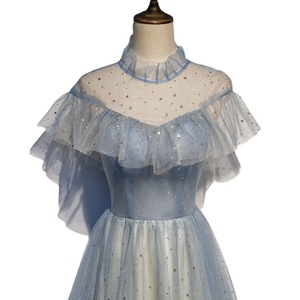 Evening Gown Blue Off The Shoulder Empire Waist Tulle Sparkle Long Dress For Banquet Party Hostess Music Exam - Product Image 5