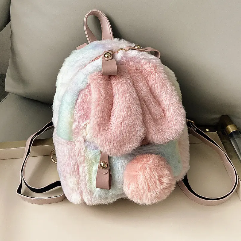 2020 Fashion Backpack Rabbit Ears School Book Bag Purse Girls Cute Tie Dye Faux Fur Travel bags