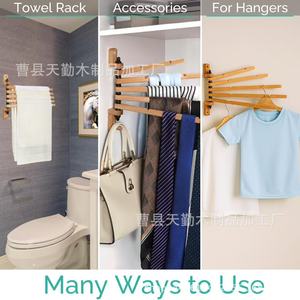 Wooden rotating towel rack, wall-mounted <b>clothes</b> rack, no-drill clothing <b>storage</b> rack, multi-functional <b>clothes</b> rack - Product Image 5