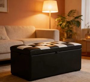 Banc de Rangement Rectangulaire Multifonctionnel en Cuir Noir et Blanc pour Chaussures, Chaise de Rangement, Tabouret de Rangement, Banc d'Appoint de Lit - Product Image 1