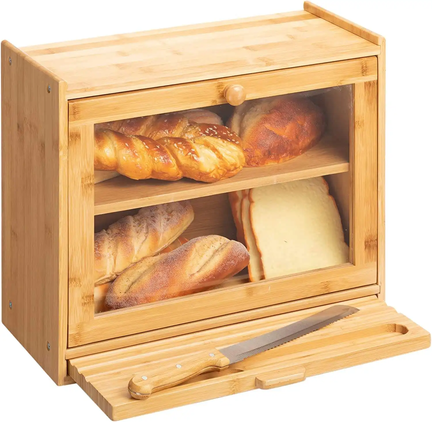 Contenitore per Bagel di grande capacità contenitore per pane da appoggio con capacità di 2 strati finestra anteriore trasparente scatole per pane in bambù Bambu in legno
