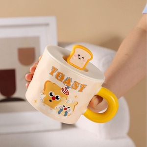 <b>Cute</b> Ceramic Coffee <b>Mug</b> 400ml With Silicone Lid Cartoon Toast Design For Home Office Use - Product Image 1
