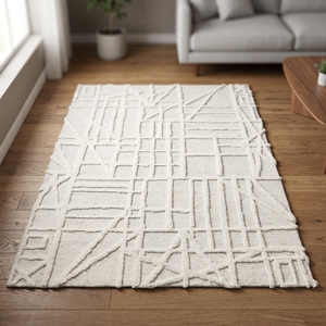 Tapis fait main en pure laine, motif géométrique abstrait marocain, à poils coupés, tufté, noué à la main, design moderne, rembourré - Product Image 3