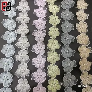 5.5CM DIY Handmade Garment Decor Accessories Crystal Beaded 3D Double Layer Flower Yarn Lace Trim With Five-petal