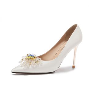Chaussures de mariée élégantes à talons hauts en satin et strass, bout pointu blanc, pour soirée, taille 35 36 37 38 39 40 - Product Image 5