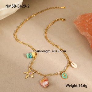 Joyería de Verano Estilo Bohemio para Chicas de Playa y Océano Collar y Pulsera con Dijes de Conchas y Estrellas de Mar de Acero Inoxidable en Colores de Ensueño - Product Image 6
