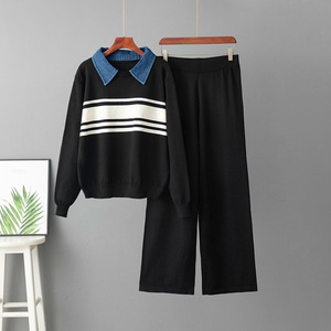 Elegant Women's Striped <b>Knit</b> <b>Set</b> Denim Polo Neck Pullover High Rise Flowy Wide Leg Trousers Quiet Luxury Aesthetic Lounge Outfit - Product Image 2