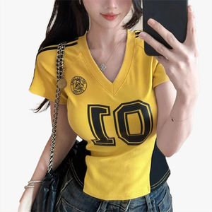Women's <b>Summer</b> Regular Shoulder Short Sleeve T-<b>Shirt</b> V-Neck Cropped Top Unique Preppy Style Sports Jersey - Product Image 6