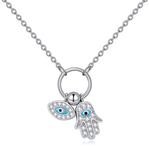 Joyería fina <span class=keywords><strong>Plata</strong></span> <span class=keywords><strong>de</strong></span> Ley 925 <span class=keywords><strong>Hamsa</strong></span> Blue Devil's Eye Lucky Charm Colgante Collar - Product Image 1