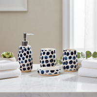 Ensemble d'accessoires de salle de bain en céramique scandinave rétro bleu et blanc à pois, 8 pièces, distributeur de savon, porte-brosse de toilette, poubelle