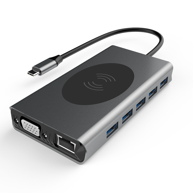 USB-C Aluminum Alloy Hub 13-in-1 for VGA SD/TF RJ45 PD 4K1080P USB3.0 3.5mm Audio Wireless Charge Docking Station for Laptop
