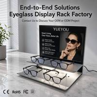 Présentoir à lunettes portable moderne à double niveau avec éclairage LED, panneau arrière personnalisable, pour 4 paires de lunettes, idéal pour les opticiens