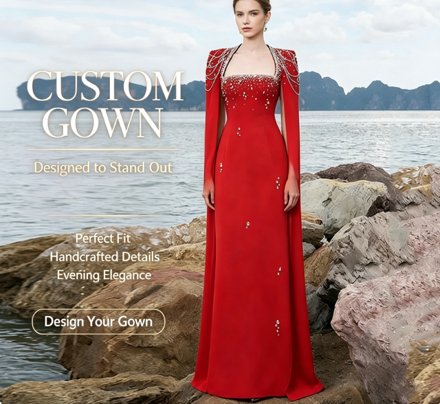 Luxury Red Evening Dress With Cape Sleeves Beaded Sequin Formal Gown Floor Length Square Neck Prom Party Vestidos De Gala