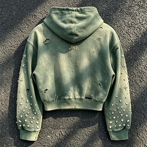 Green <b>Hooded</b> Zip-Up <b>Fleece</b> <b>Jacket</b> Men's Embroidered Logo With Rivets Beading And Chain Decorations - Product Image 3