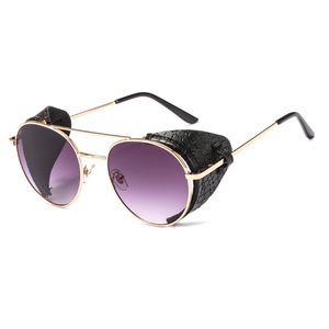 Glafors Cool Lunettes de soleil rondes Steampunk Lunettes de soleil en métal avec décoration en cuir PU doré Monture en alliage - Product Image 1