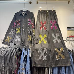 2025 rétro printemps et automne nouvelle industrie lourde bâton perceuse Denim chemise + haute rue mode jambe large minceur pantalon costume - Product Image 2