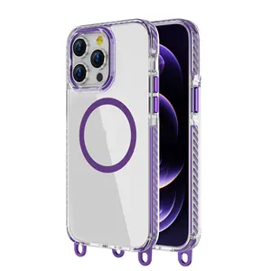Luxury Hard PC Designer Back Cover Clear Crossbody Phone Strap Case With Magnetic For IPhone 13 14 15 Pro Max