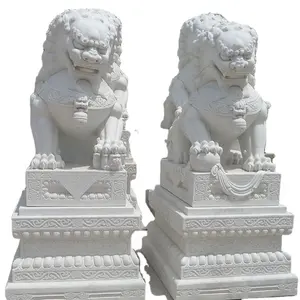 Decoration Chinese Outdoor White Marble Foo Dog Stand Lion Sculpture Statue