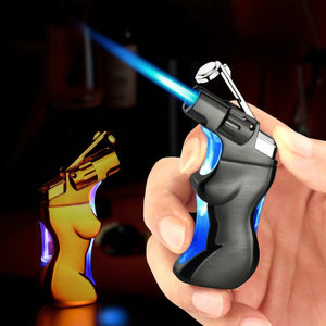 Cigar <b>Lighter</b> Butane Windproof Blue Flame Portable Outdoor Barbecue Mini Torch <b>Custom</b> Shape Black Brushed Gray Metal Refillable - Product Image 1