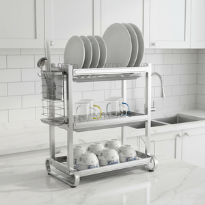 Égouttoir à vaisselle moderne en acier inoxydable poli, double niveau, support de rangement de cuisine à trois niveaux, bac d'égouttage pour le nettoyage de la vaisselle - Product Image 2
