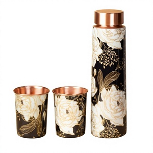 Ensemble de bouteilles d'eau en cuivre imprimées motif floral noir et blanc, écologiques, anti-fuite, en métal, avec verres - Product Image 1