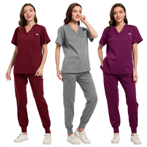 Women Hospital Scrubs Set Moisture Wicking Knitted Pants V Neck <b>Top</b> Medical Uniforms - Product Image 5