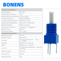 BONENS 3360Y 5k 10% Résistances Variables avec Bouton de 6mm Puissance Nominale 0.5W Potentiomètres Trimmer pour Équipements Électroniques