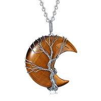 Colliers en cristal naturel Life Tree avec croissant de lune et pendentif en quartz améthyste enroulé en fil de fer
